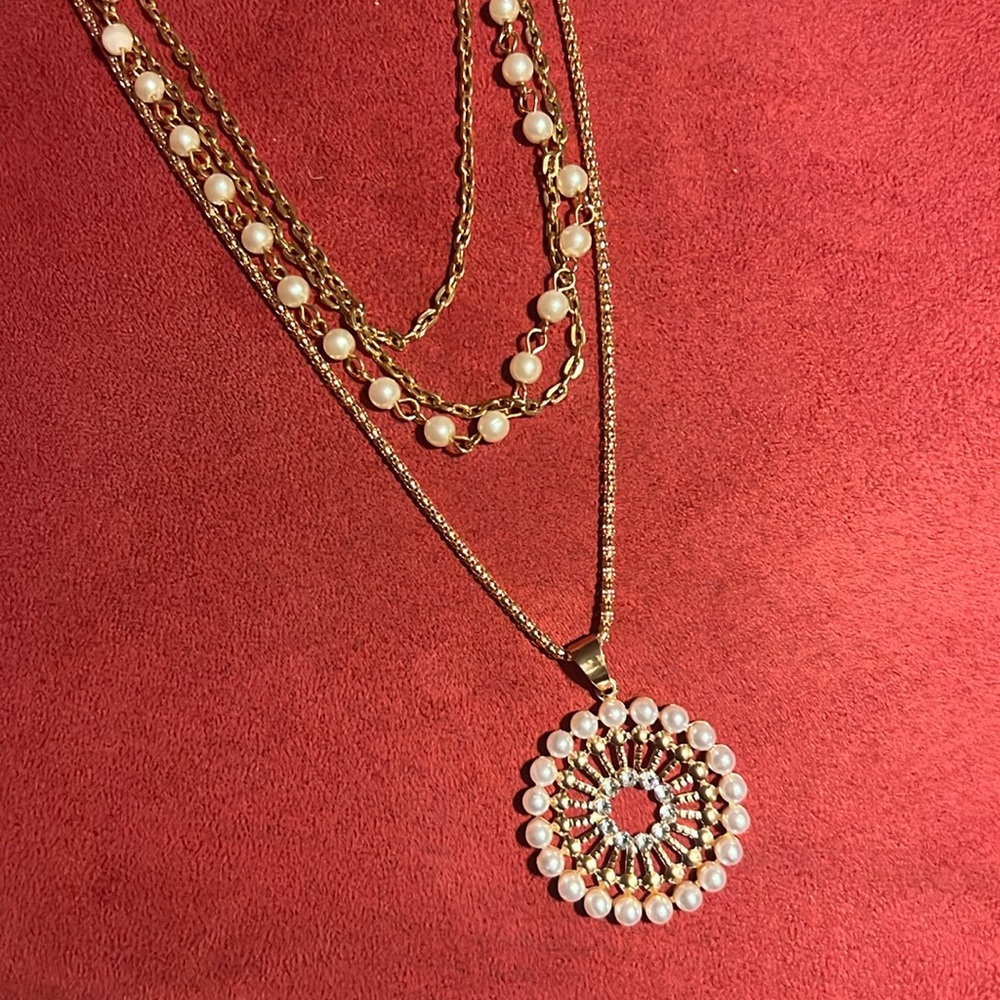 Handmade gold & pearl necklace multi-chain
